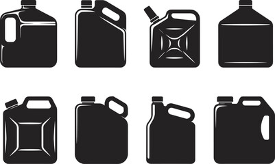 Fototapeta premium Black plastic jerrycan and fuel container icon set, industrial oil canister vector illustration, gasoline, chemical storage, liquid tank