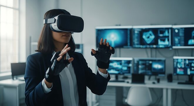 Woman in VR headset, haptic gloves interacts with virtual reality in a futuristic office. Metaverse, AR, digital innovation, future technology, data visualization, business.
