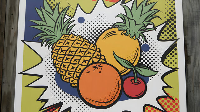 An explosive pop art illustration of fruits, including a pineapple, an orange, and a cherry.