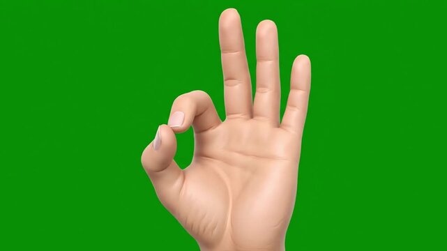 Human hand making the A-OK gesture, a universal symbol for perfection, agreement, and success, isolated on a vibrant green screen background.
