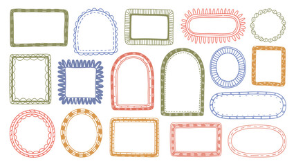 Doodle coastal frame set, hand drawn colorful border collection. Minimal hand drawn square arch and rectangle shapes kit. Elegant retro empty banner, poster, placard, postal stamp. Doodle frame decor.