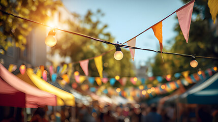 Obraz premium Fair festival summer street open air party. Outdoor events street party bunting flags strung across the street on a sunlit background. Village fair music festival flags. Crowded amusement park 