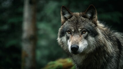 Obraz premium Close up portrait of a wild wolf with intense gaze in a natural forest environment, detailed fur texture, wildlife photography scene