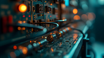 Close-up view of an illuminated electronic circuit board with connected cables and glowing indicators, representing advanced technology, engineering, and digital innovation.