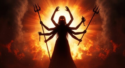Powerful Goddess Silhouette with Multiple Arms and Fiery Background