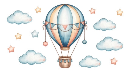 Watercolor hot air balloon with clouds and stars on a black background