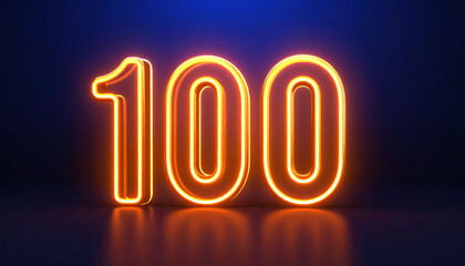 Neon number 100, gradient orange-yellow neon glow, 3D design, dark blue backdrop.