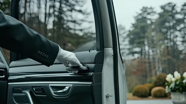 A professional chauffeur in formal attire opens the car door for passengers in a tranquil environment, showcasing upscale service