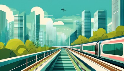 Fototapeta premium modern urban cityscape with elevated subway train passing through contemporary high rise buildings and greenery in flat minimalist style