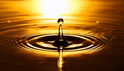 macro shot of clear droplet creating beautiful ripple in pool of water this serene tranquil image has wonderful golden sun flare