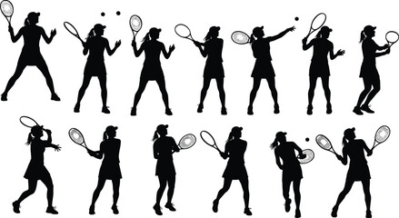 Tennis player silhouettes, dynamic poses, racket action, serve and swing, sports movement, athletic figure, black and white, motion study, competitive stance, tennis technique, game moment, physical a