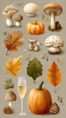 Collection of autumn elements featuring mushrooms, leaves, and a pumpkin with sparkling beverage on a textured background