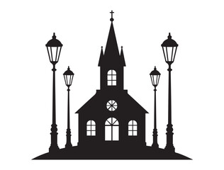 Town with church, street lamps, decorative vector illustration, black silhouette. Transparency design. Art. Vector black silhouette. with white background