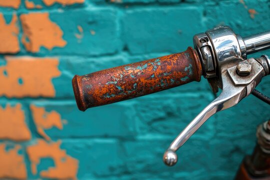 Close-up of a rusty, vintage bicycle handlebar against a teal brick wall.