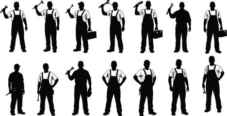 Worker silhouettes, construction tools, manual labor, toolbox, wrench, hammer, overalls, tradespeople, industrial poses, vector workers, job icons