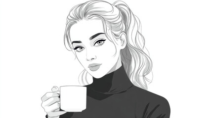 Stylish Woman in Black and White Line Art with a Mug