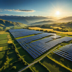 Vast solar farm generates clean energy under golden sunlit skies