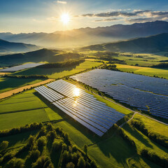 Golden sun illuminates vast solar farm stretching across green fields