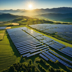 Vast solar farm bathed in golden sunrise light over rolling green hills