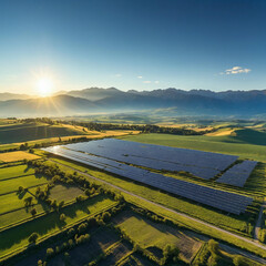 Vast solar farm harnesses bright sun over green fields and mountains