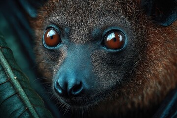 Bat Portrait in its Habitat: A close-up portrait of a bat with intense, captivating eyes, nestled within its natural habitat, bathed in a soft, natural light, highlighting the intricate textures.
