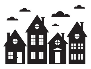 Group of houses, decoration, black silhouette, vector illustration. Vector black silhouette. with white background