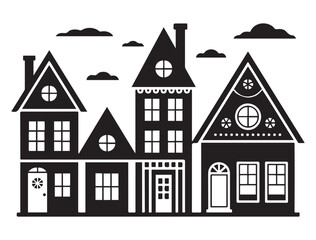 Group of houses, decoration, black silhouette, vector illustration. Vector black silhouette. with white background