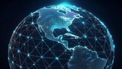 digital wireframe globe with north and south america continents connected by glowing network of dots lines on dark background