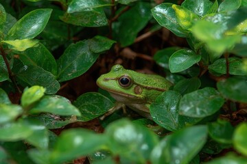 Obraz premium Green Frog Hiding in the Bush: This close-up photograph captures a vibrant green frog concealed among lush green leaves, offering a glimpse into the quiet beauty of nature.