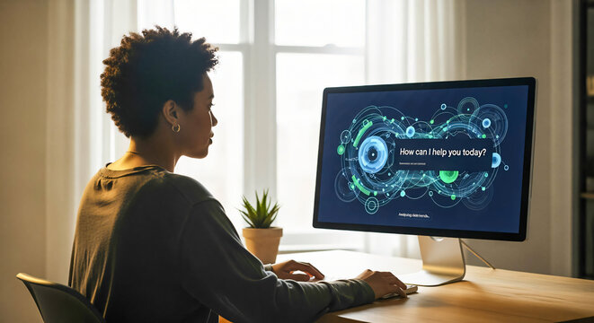 Woman Interacting with AI on Desktop Computer