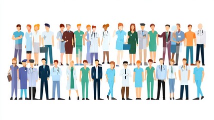 Diverse group of healthcare professionals, including doctors, nurses, and support staff, standing together in a unified display of teamwork and dedication to patient care and community health