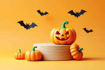 Orange pumpkins and black bats on orange background halloween jackolantern