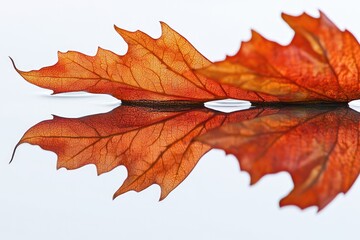 Fototapeta premium A single, translucent autumn leaf floats on still water, creating a perfect reflection.
