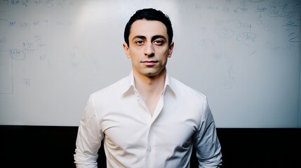Obraz premium Confident young man in a white shirt stands in front of a whiteboard filled with notes and diagrams, embodying a professional and intellectual atmosphere in a modern workspace
