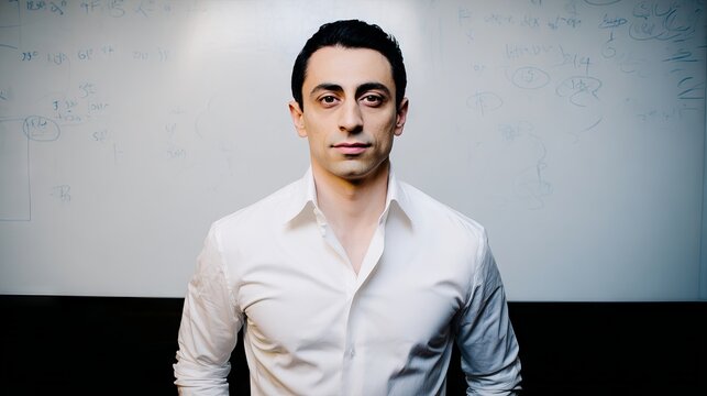Confident young man in a white shirt stands in front of a whiteboard filled with notes and diagrams, embodying a professional and intellectual atmosphere in a modern workspace