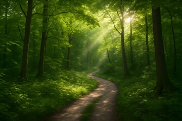 Obraz premium Sunbeams Shining on a Winding Path in a Lush Green Forest