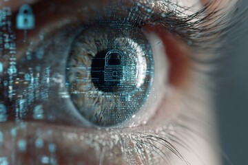 Close-up of a human eye with digital security elements. The iris displays a lock symbol and binary code, representing technology and cybersecurity concepts.