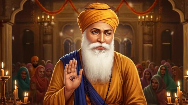 Guru nanak dev ji portrait with followers and candles in a temple setting art