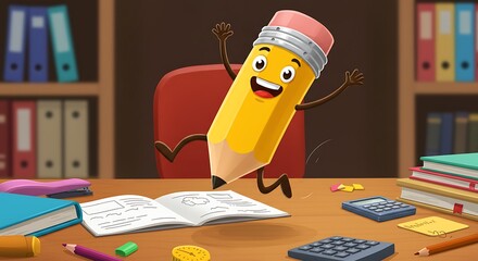 Cartoon pencil character jumping on desk with school and office supplies