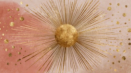 Glowing Sunburst Illustration with Radiant Gold and Soft Pink Background