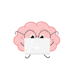 Funny nerdy cartoon brain character works on laptop