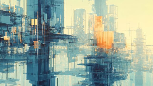 Abstract Futuristic Buildings in Urban Landscape with Colorful Elements