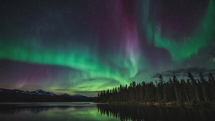 This image shows a stunning nighttime view of the aurora borealis (northern lights) snaking over a lake and forest. The dark night sky is dotted with bright green and purple streamers of light.