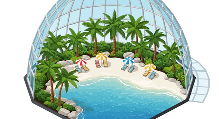 Beach scene inside of a geodesic dome with palm trees, beach chairs, and umbrellas in a vector style isometric drawing