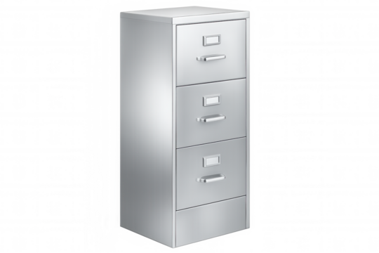 Closed metal filing cabinet with three drawers and blank labels, isolated on transparent background, ideal for office and business concepts