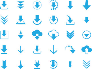 Download blue icons set with arrows and buttons, vector file and software symbols, simple web interface collection isolated on white background