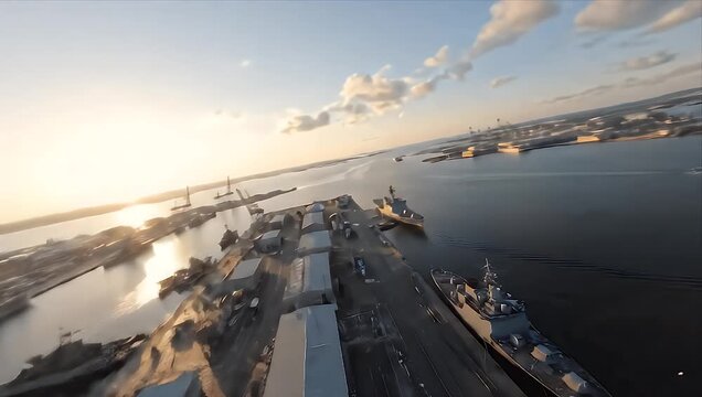 Aerial view of a naval base or port at dusk. Ships, buildings, and infrastructure are visible along the coast. The scene suggests military activity, trade, and industry