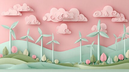 PASTELOWA SCENA Z TURBINAMI WIATROWYMI NA WZGÓRZU