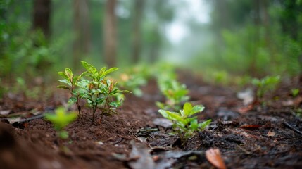Small plants growing in the fertile soil of a reforestation area, demonstrating the success of environmental conservation efforts and the renewal of nature