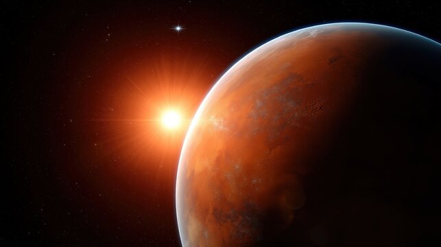 Red planet mars with sunrise and star in space scene